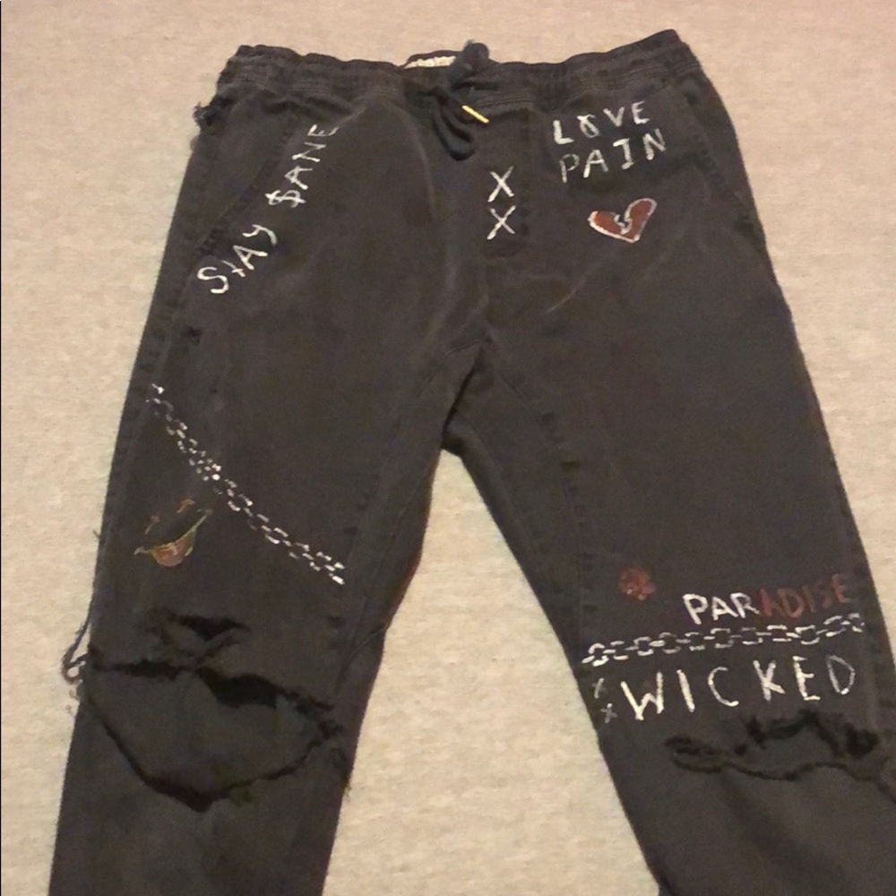 Custom Painted and Ripped Black Pants